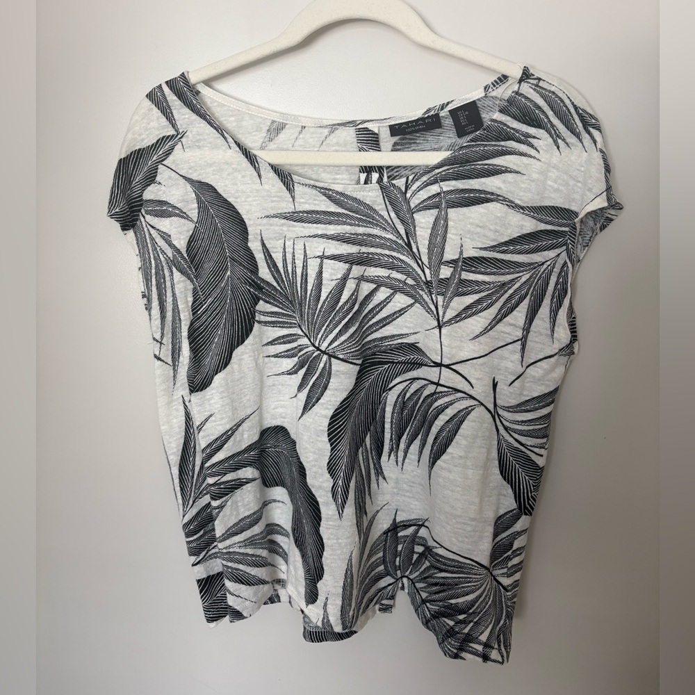 Tahari 100% Linen Monocrome Lagenlook Tropical Sleeveless Blouse Beach Coastal L